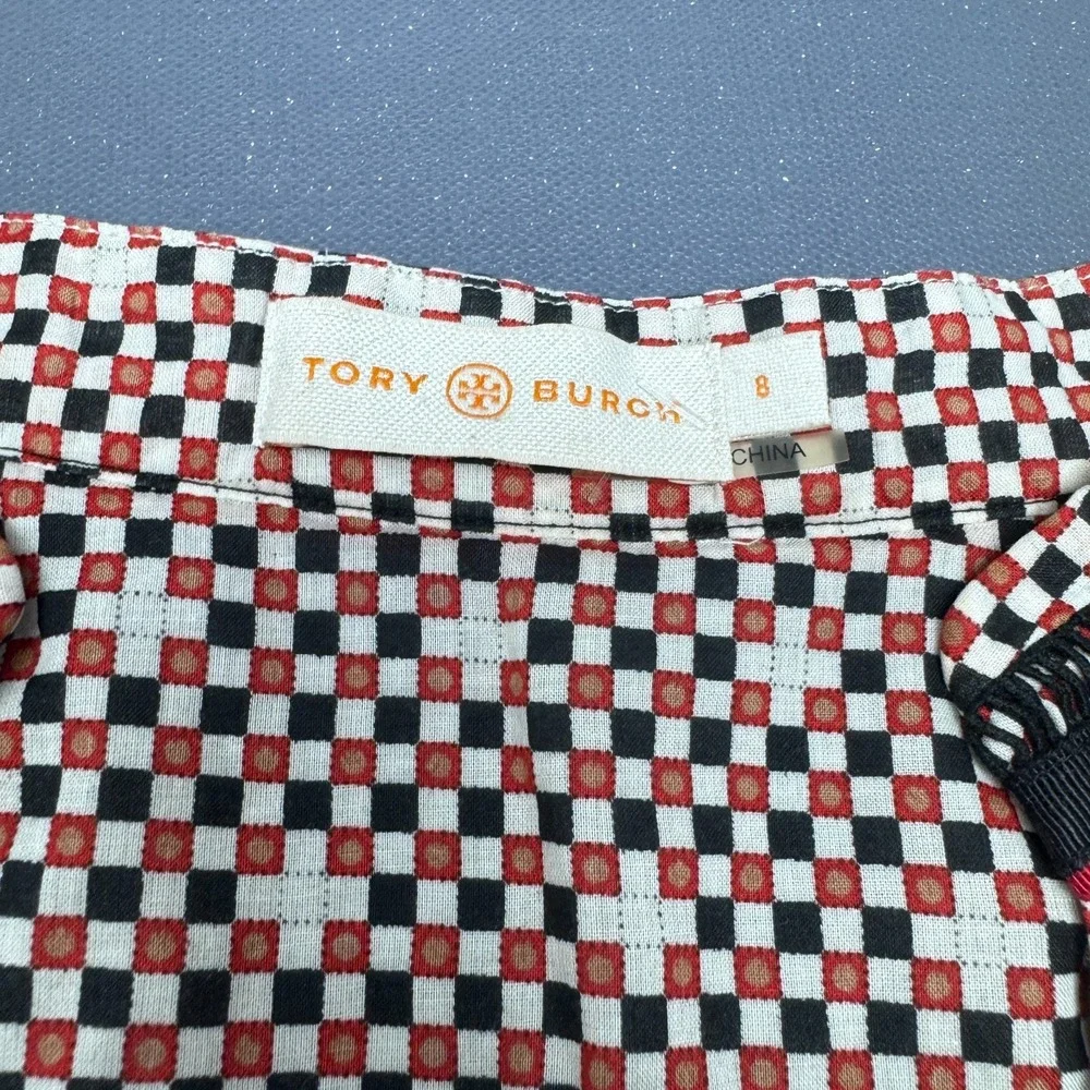 Tory Burch Women's Size 8 Printed Tunic Top Red Black White Long Sleeve Blouse